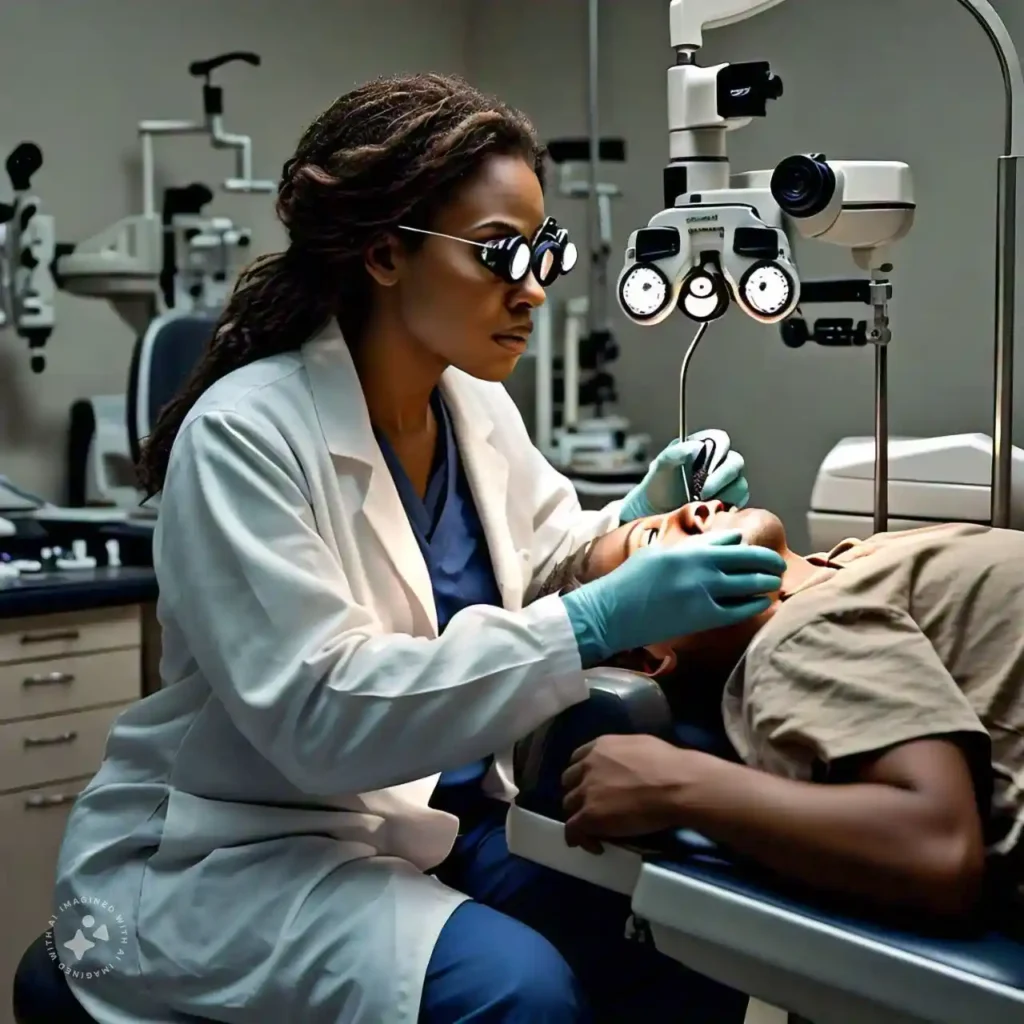 Eye doctor examining a patient's eyes for digital strain issues.