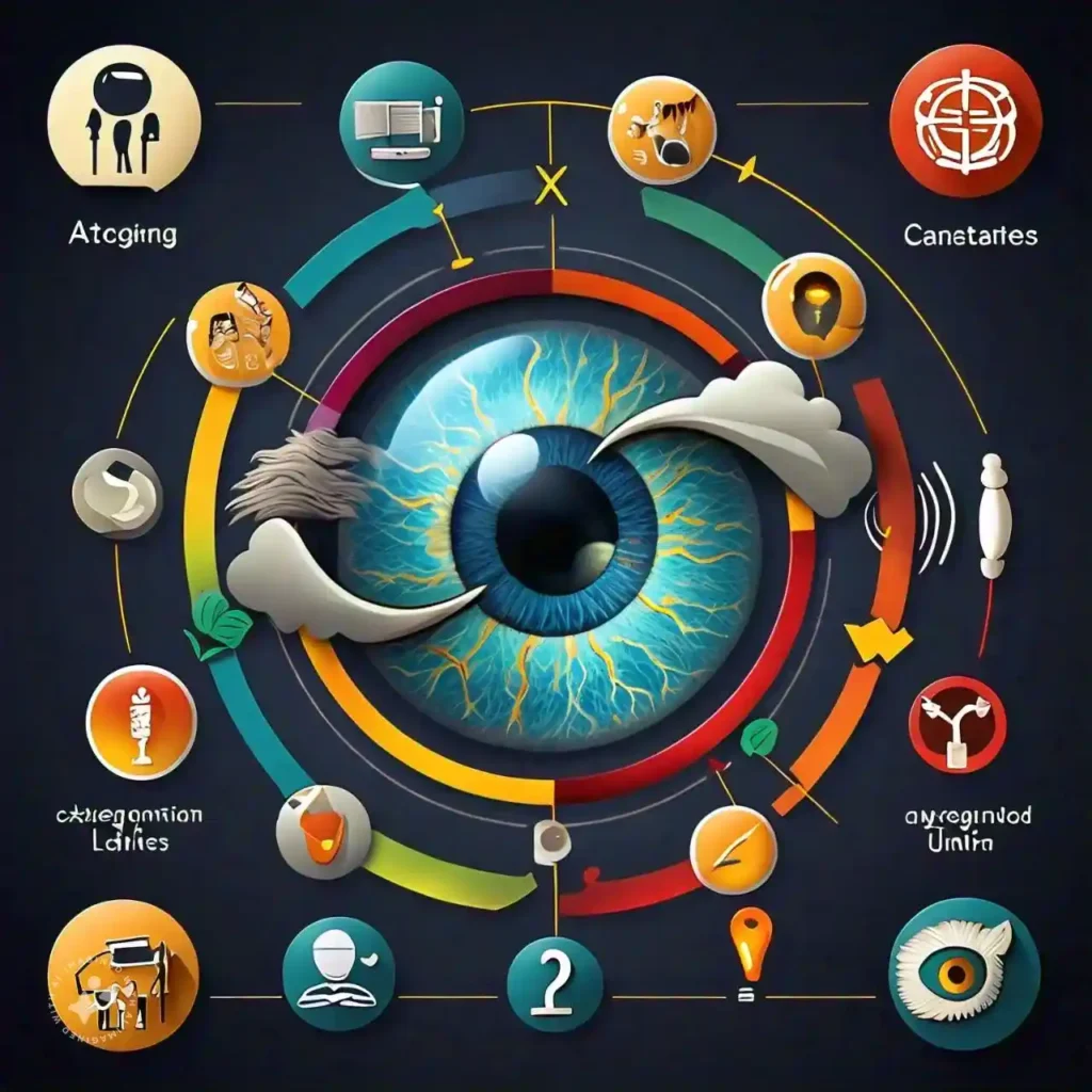 Illustration of the causes of cataracts, such as aging and UV exposure.