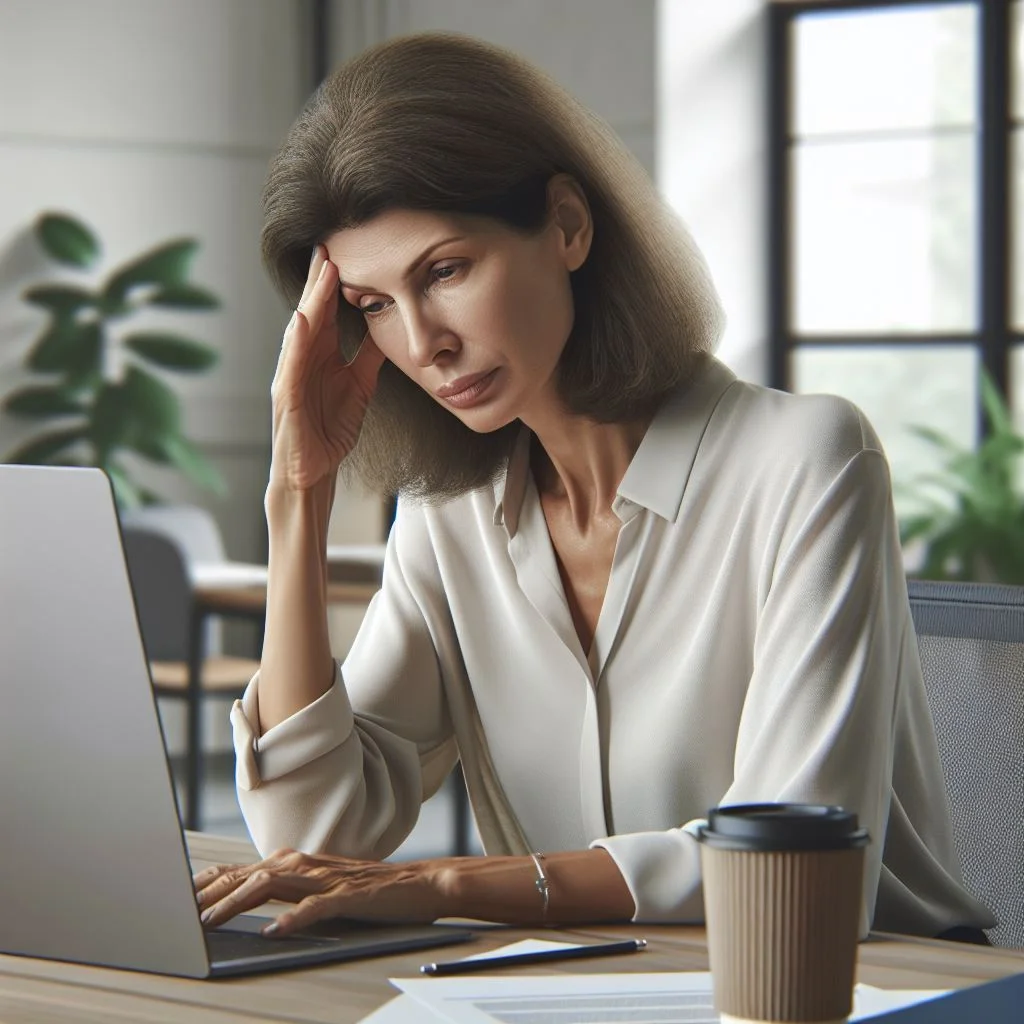 A person rubbing their eyes while working on a computer, indicating signs of eye strain. The image highlights the importance of assessing and managing eye strain to maintain eye health and comfort.