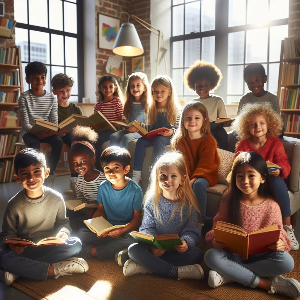 Children enjoying reading in good lighting.