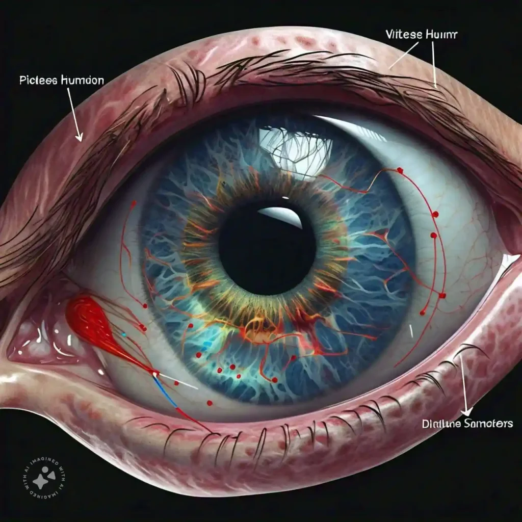 Diagram of the eye highlighting the vitreous humor, where eye floaters form as the gel shrinks with age.