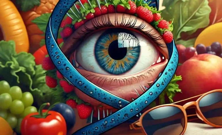 Illustration of eyes with a DNA strand, symbolizing genetics in eye health, alongside healthy lifestyle elements like fruits, vegetables, and sunglasses.