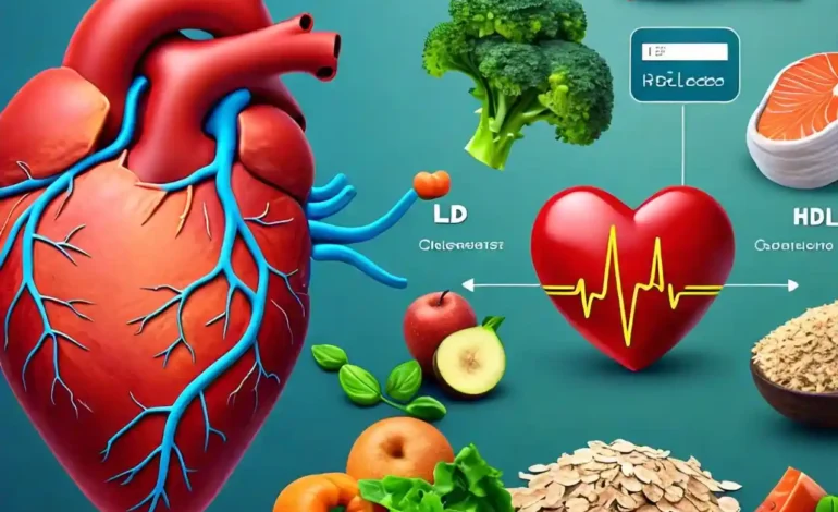 Illustrative image of cholesterol management, featuring a heart, LDL and HDL cholesterol symbols, and healthy foods for heart health.