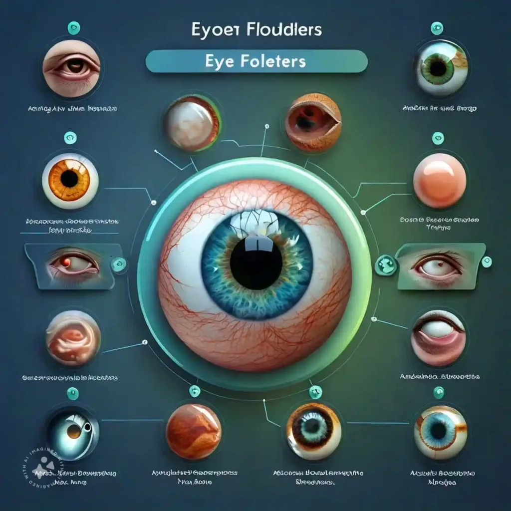 Infographic showing common causes of eye floaters: aging, eye injuries, retinal conditions, and myopia.