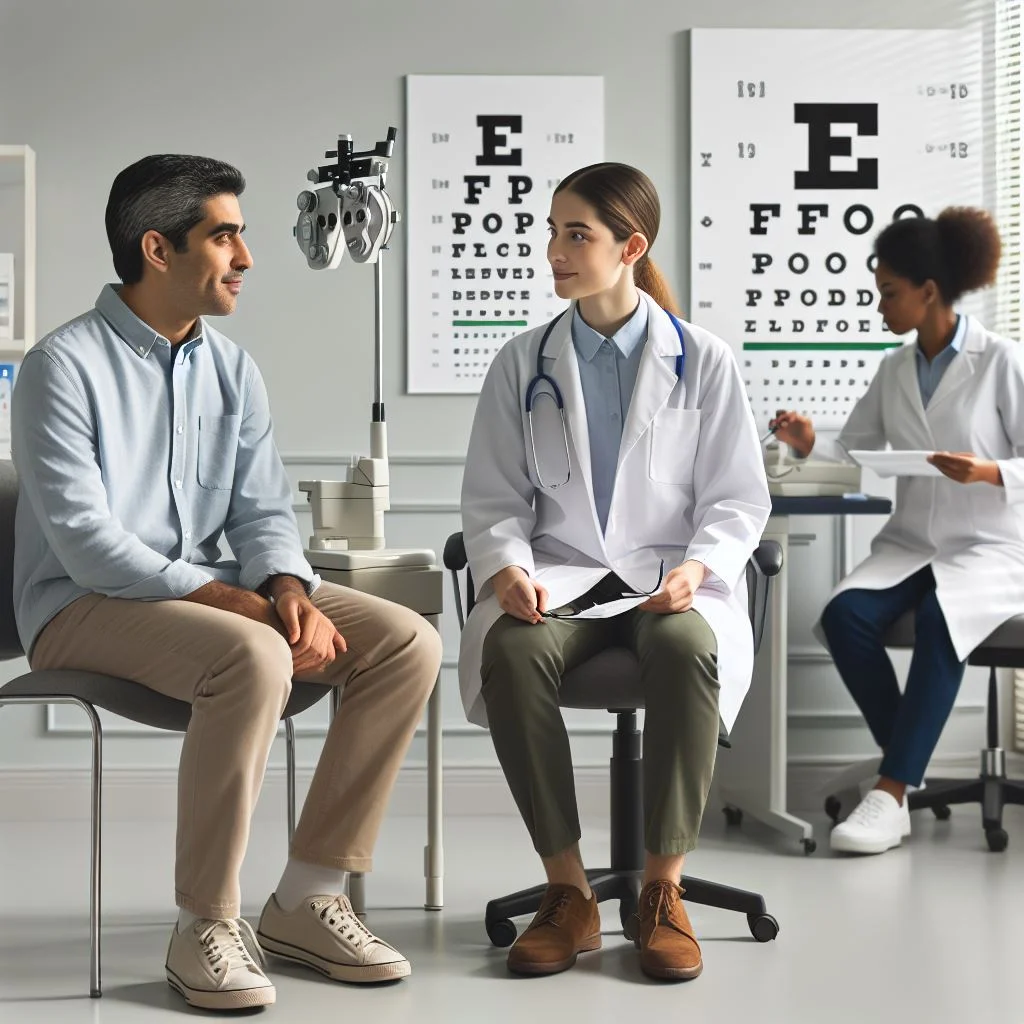 Consulting a doctor for eye allergy treatment.