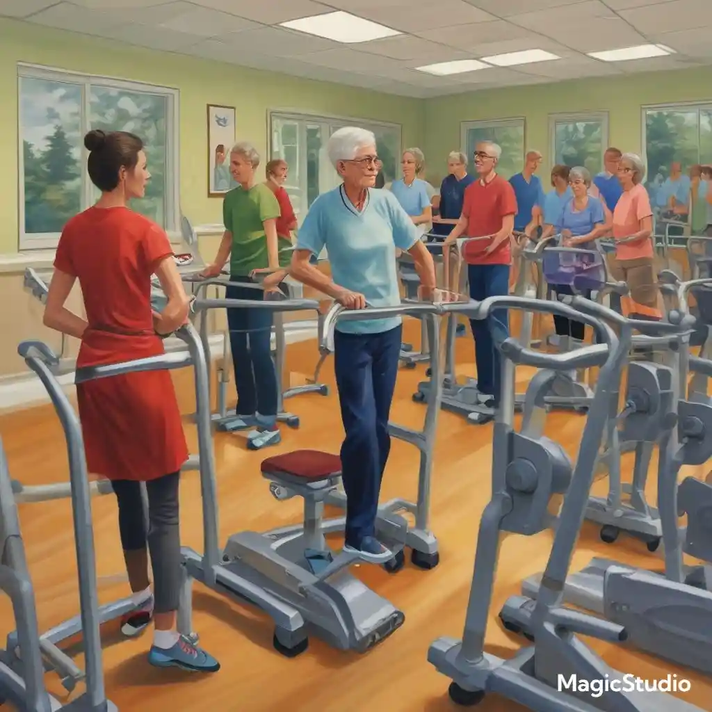 Patients participating in a cardiac rehabilitation program, exercising together with an instructor in a supportive group setting