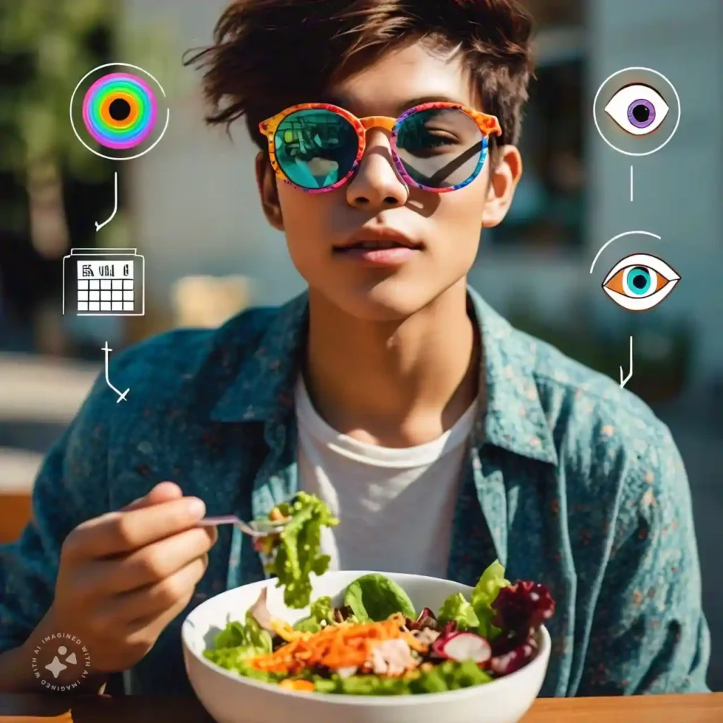 Person wearing sunglasses outdoors and holding a healthy salad, representing eye care practices for managing floaters.