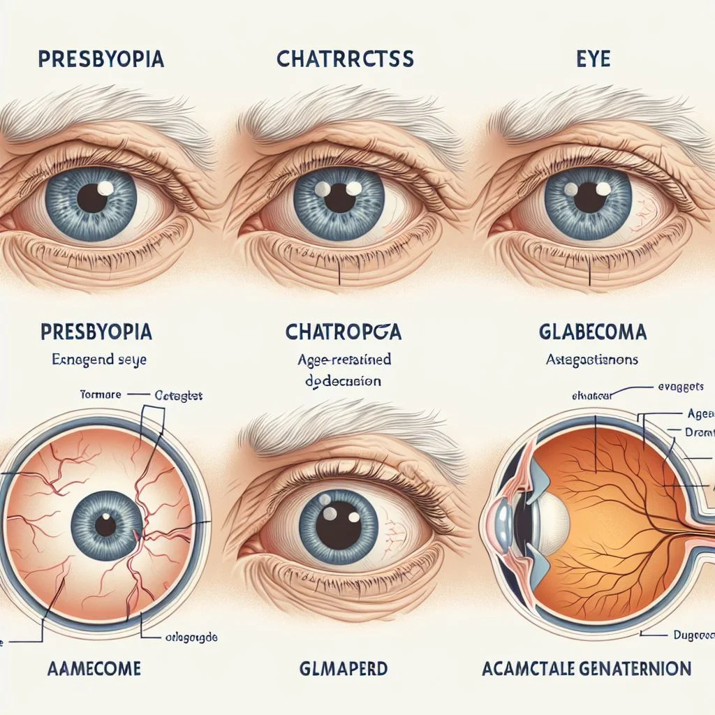 Diagram showing common eye changes such as presbyopia, cataracts, and macular degeneration in aging adults