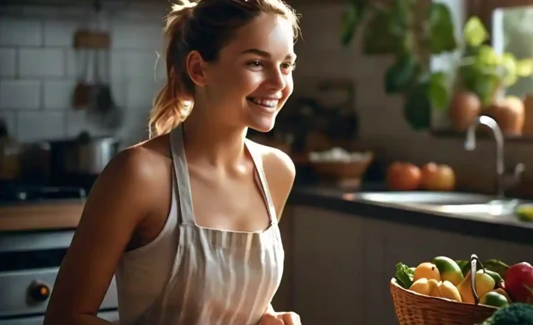 Smiling woman with glowing skin in a kitchen surrounded by healthy foods, showcasing a diet for healthy skin.