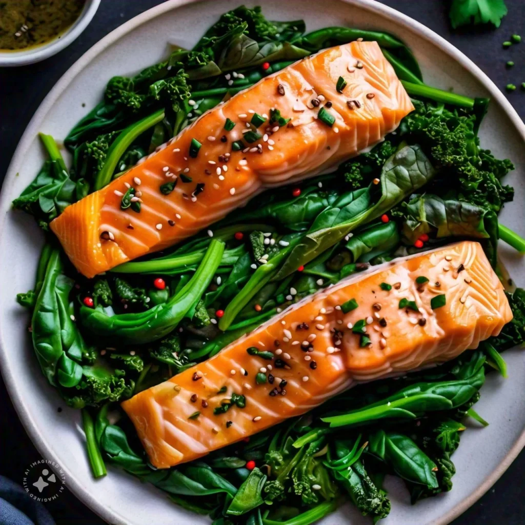 Macular Degeneration: A colorful plate of healthy foods, including greens and fish.