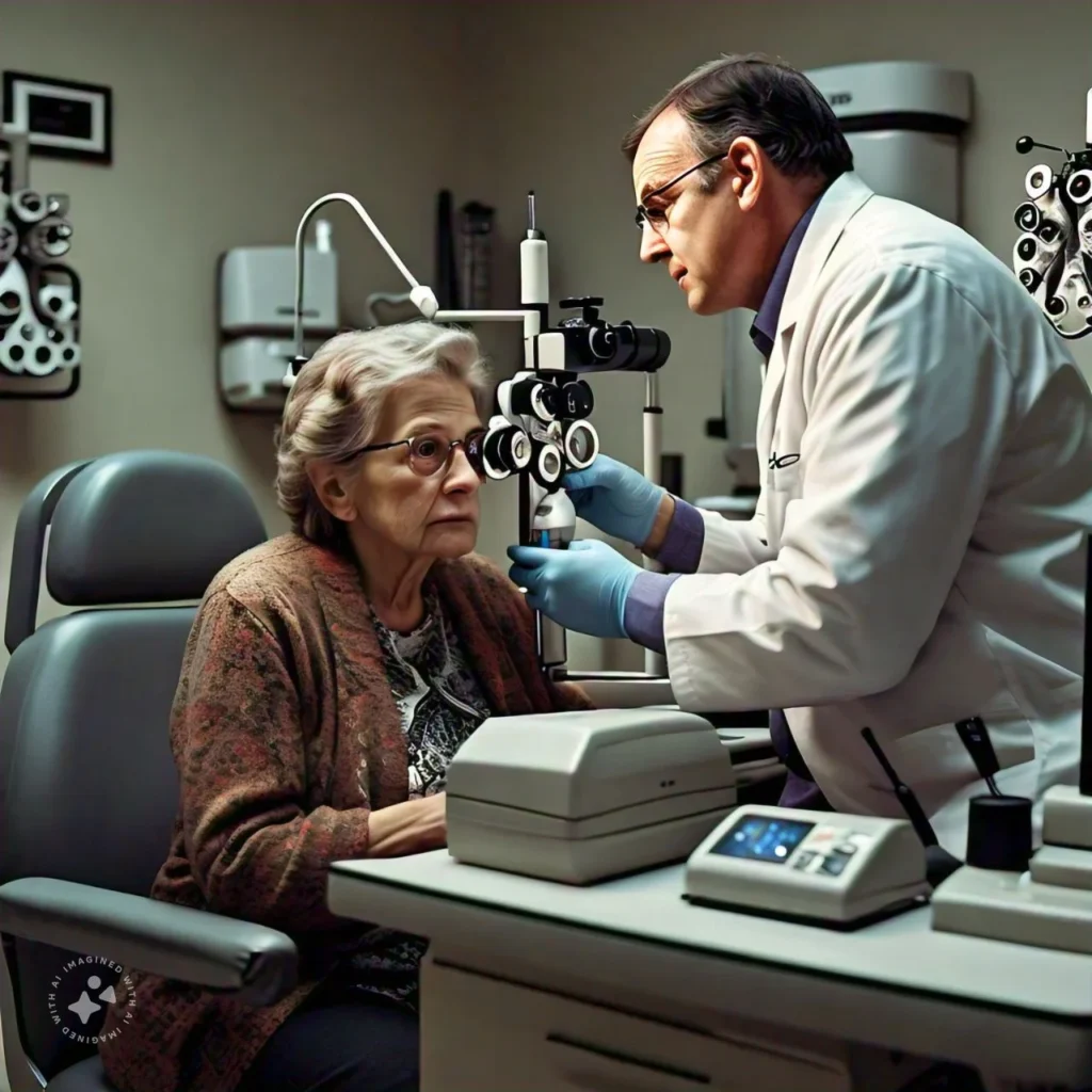 Macular Degeneration: An eye doctor performing an eye exam on a patient.
