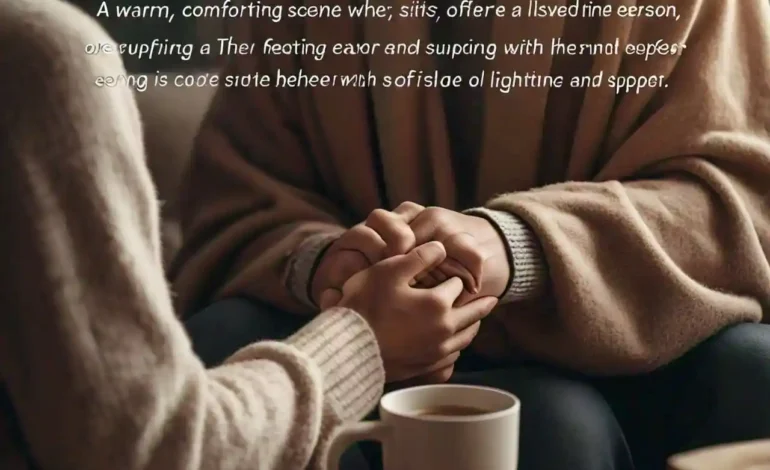 A person offering support to a loved one with mental illness, sitting together in a cozy, calm environment. The image conveys empathy, patience, and emotional care, with soft lighting and comforting surroundings.