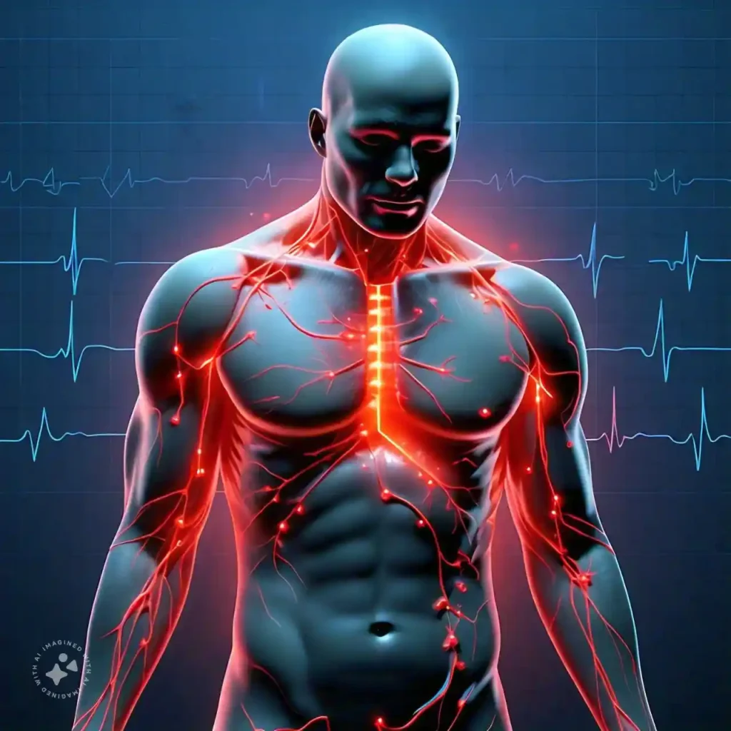 3D-rendered human figure illustrating heart attack symptoms, with pain highlighted in the chest, arm, jaw, and back, against an ECG-themed background