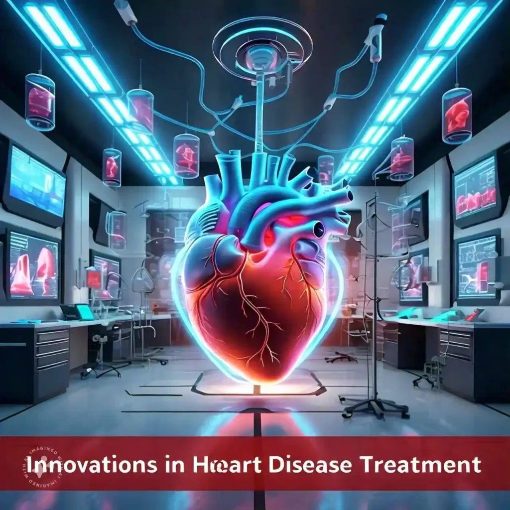 A 3D-rendered heart surrounded by holographic medical tools and robotic surgery equipment, symbolizing innovations in heart disease treatment in a futuristic medical lab.