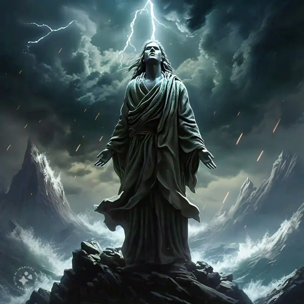 A calm person standing on a mountain in a storm, symbolizing strength and the ability to build resilience in challenging situations.