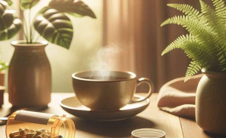 Pill bottle with antidepressants on a wooden table beside a cup of tea, symbolizing mental health treatment and care.