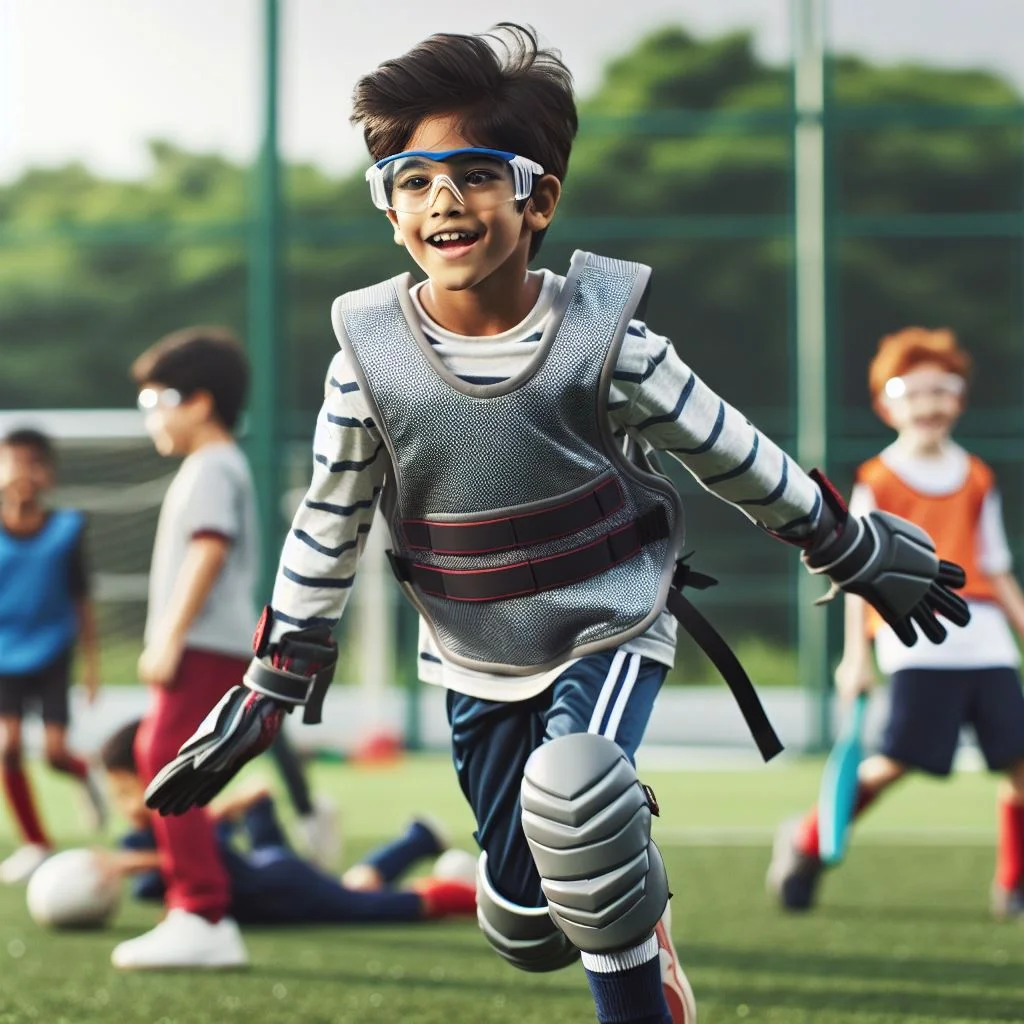 A child wearing protective eyewear while playing sports, emphasizing the importance of eye safety in sports to prevent injuries.