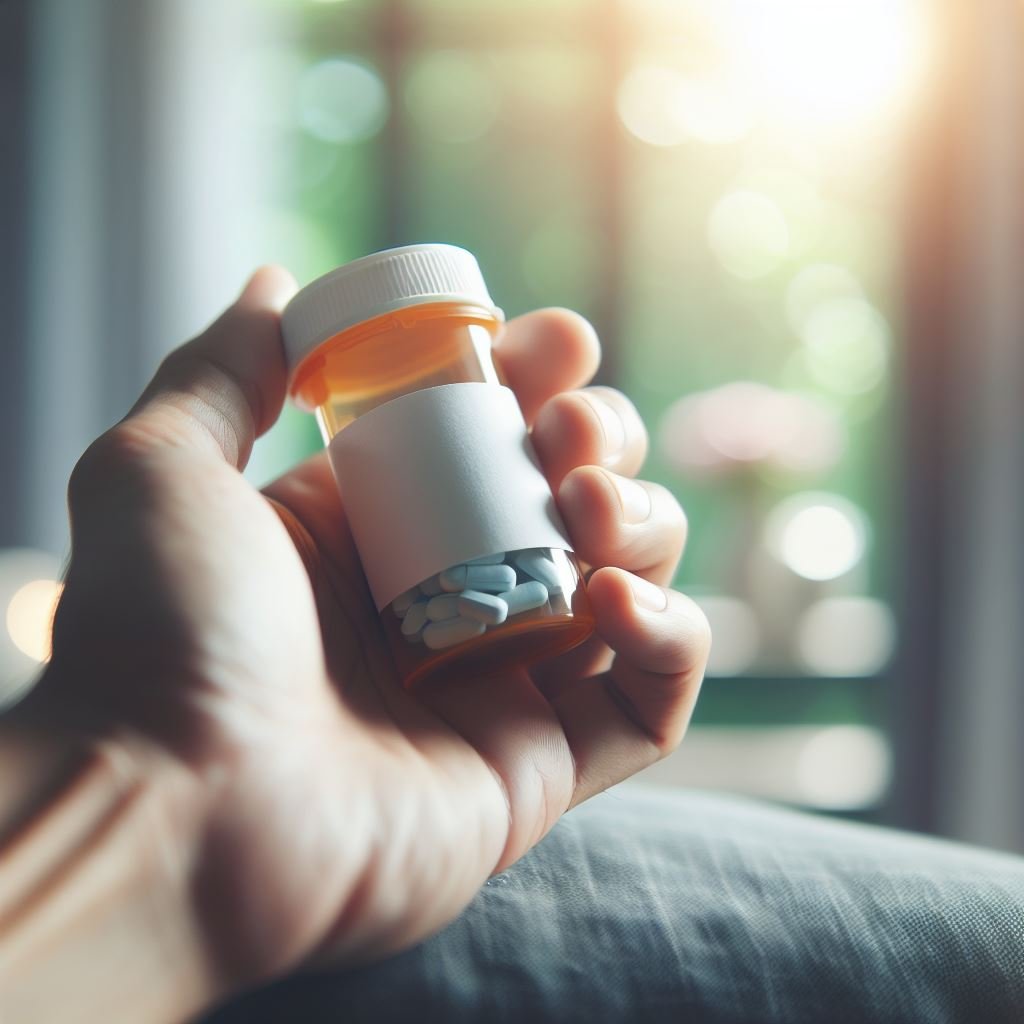 Hand holding antidepressant pill bottle, symbolizing the role of medications for mental health care and treatment