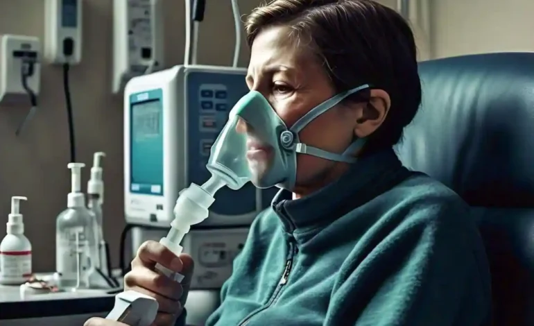 A person using an inhaler for asthma treatment, surrounded by medications for respiratory diseases, emphasizing the importance of medication management.