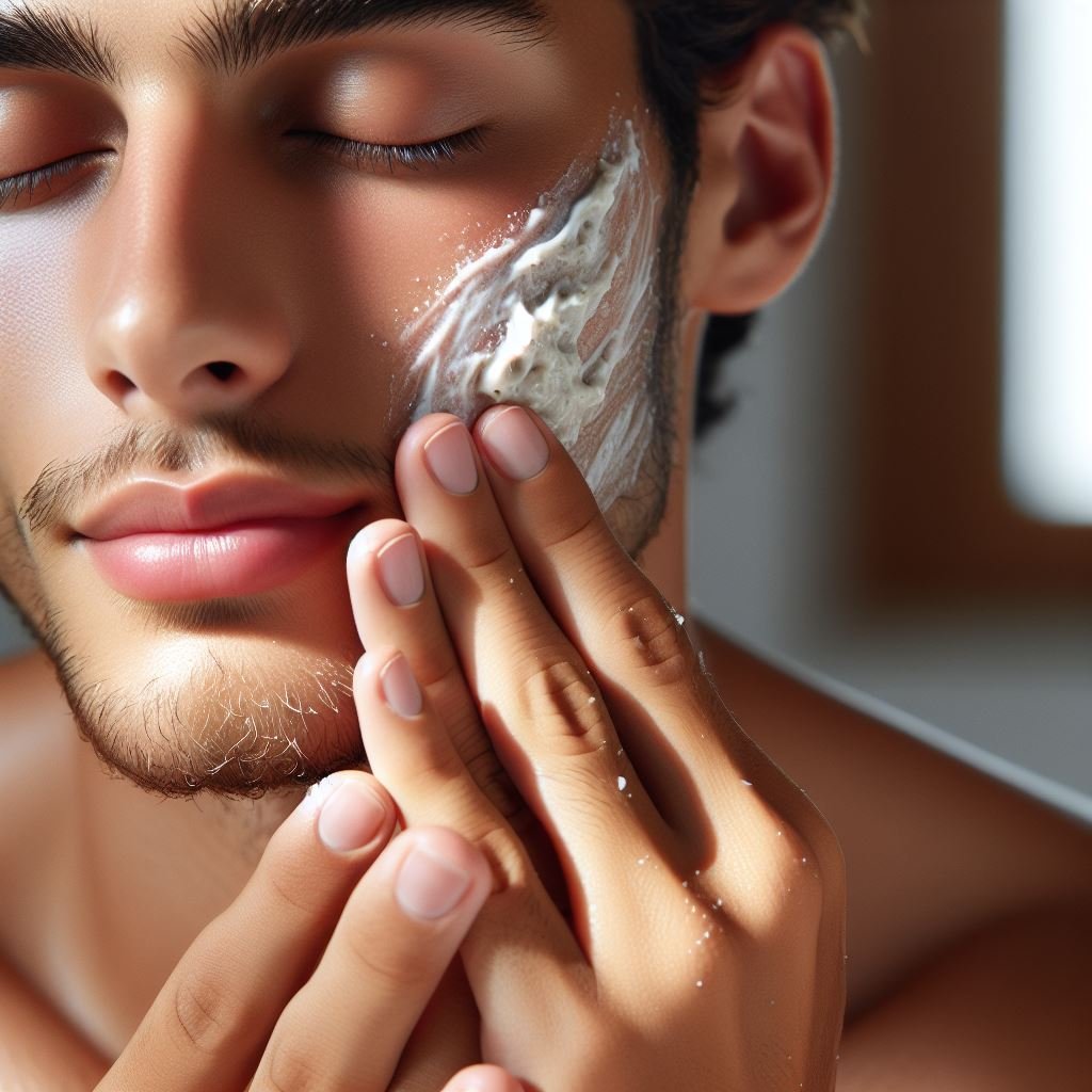 Close-up of hands exfoliating the face with a gentle scrub, demonstrating the importance of proper exfoliation for healthy, smooth skin and debunking Common Myths about Skincare.