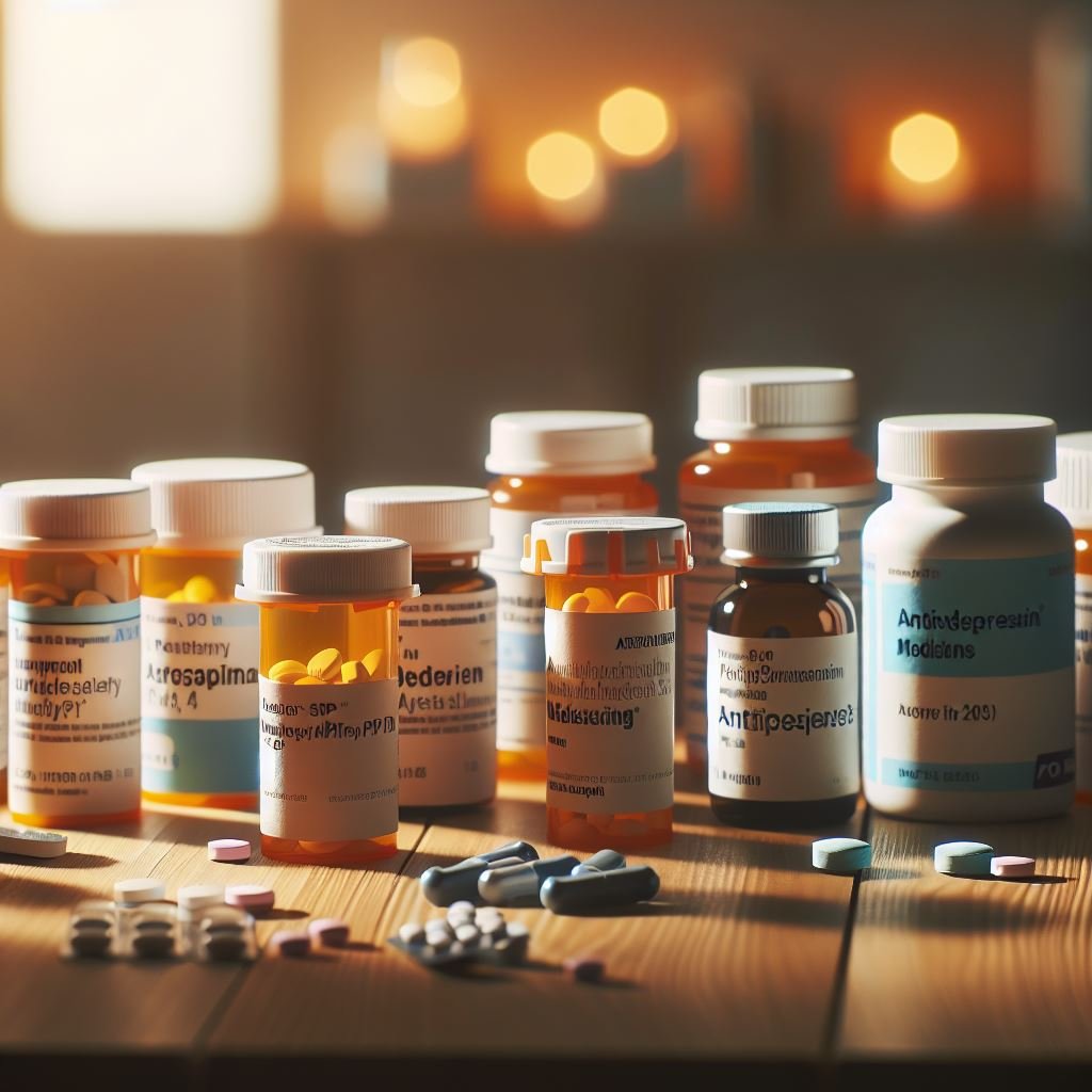 Assorted mental health medication bottles, including antidepressants and antianxiety meds, representing different types of medications for mental health.
