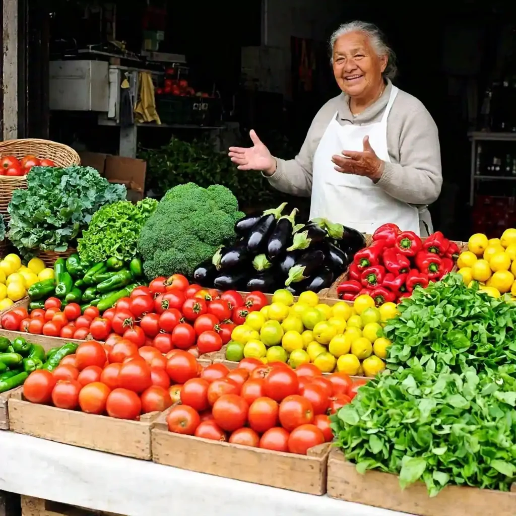 A colorful market stall filled with fresh Mediterranean vegetables and fruits.