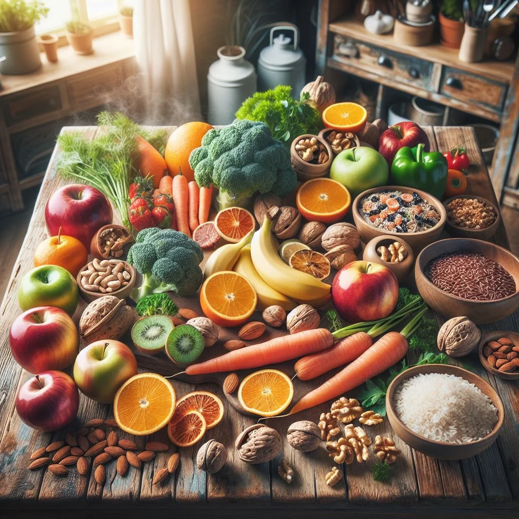 Table filled with fruits, vegetables, nuts, and grains for a healthy diet for lung health.