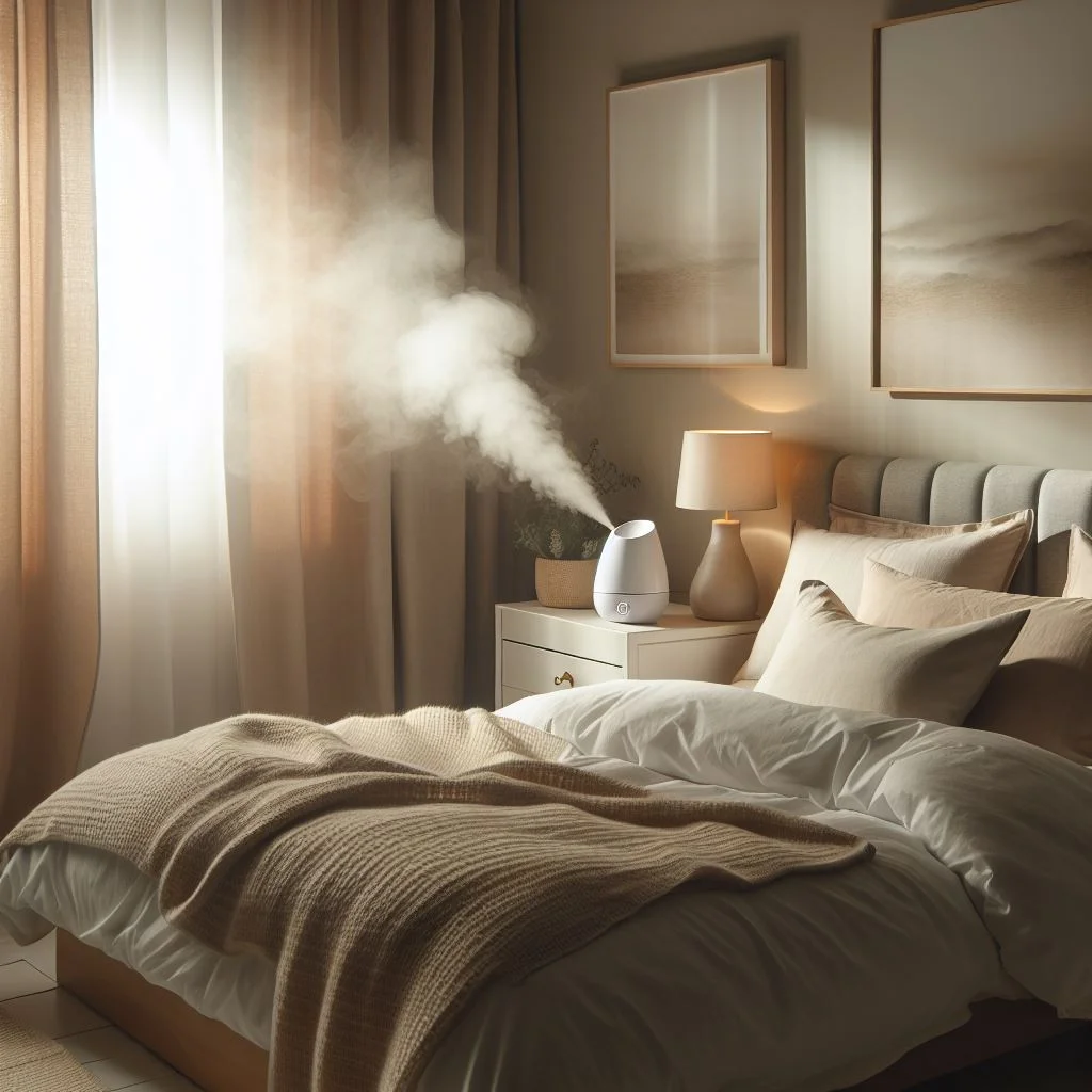 Bedroom with a humidifier to relieve symptoms of chronic cough.