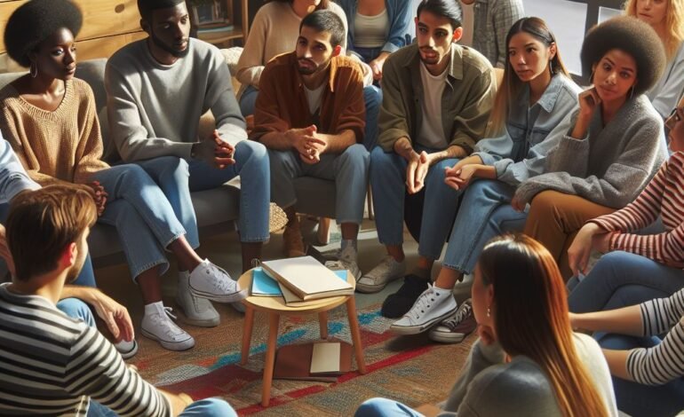 Group of diverse people talking about mental health awareness and offering support in a welcoming, open environment.