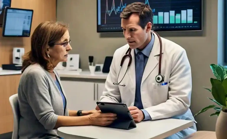 A doctor and patient using a smart inhaler and reviewing health data on a tablet, highlighting innovations in respiratory disease treatment.