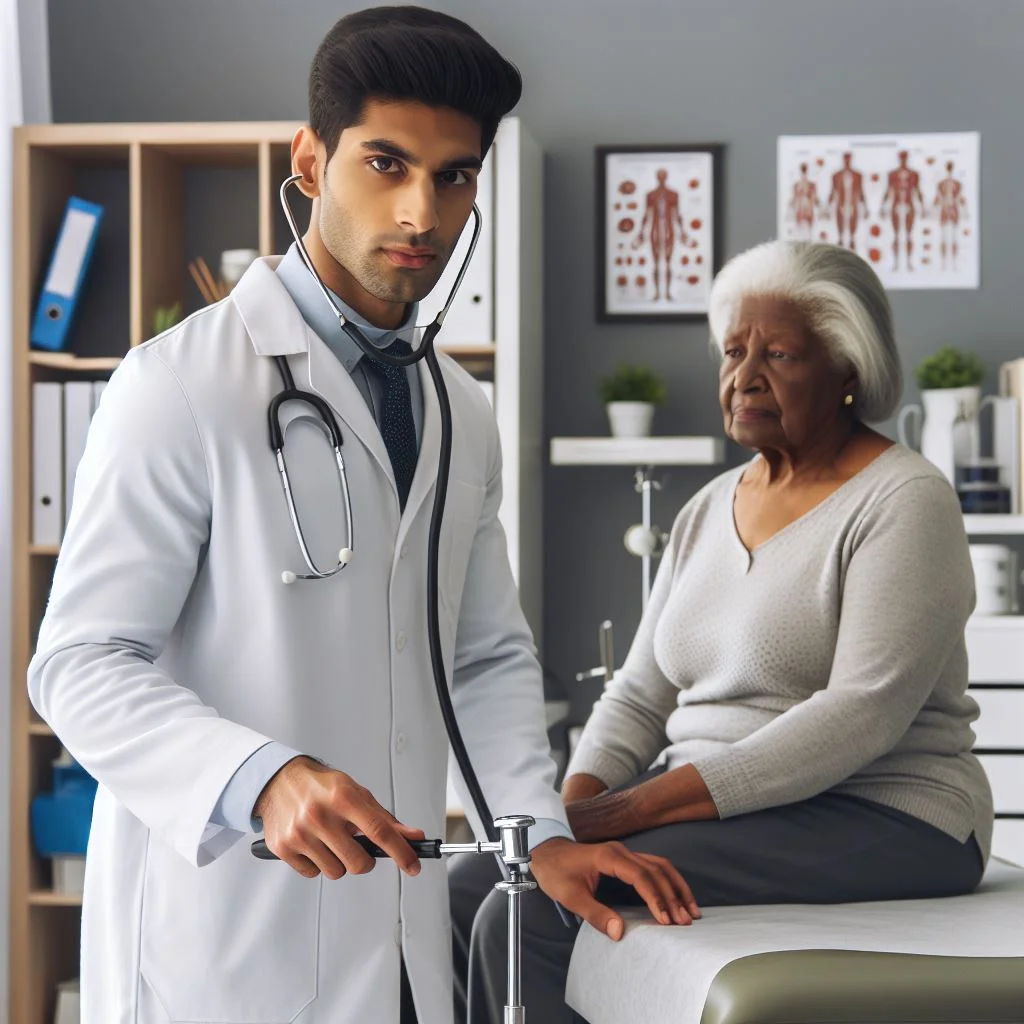 A doctor performing tests on a patient suspected of having a stroke.