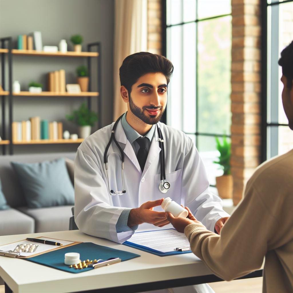 Doctor discussing medications for mental health with a patient, highlighting the role of treatment in managing mental health conditions