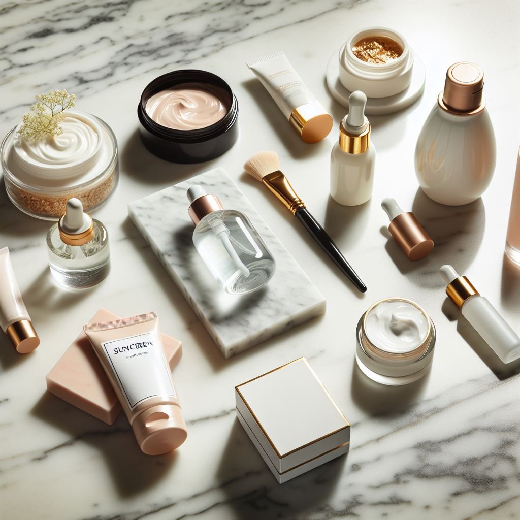  Flat lay of skincare products, including sunscreen, serum, and moisturizer, arranged on a marble countertop, promoting a simple skincare routine and debunking Common Myths about Skincare.