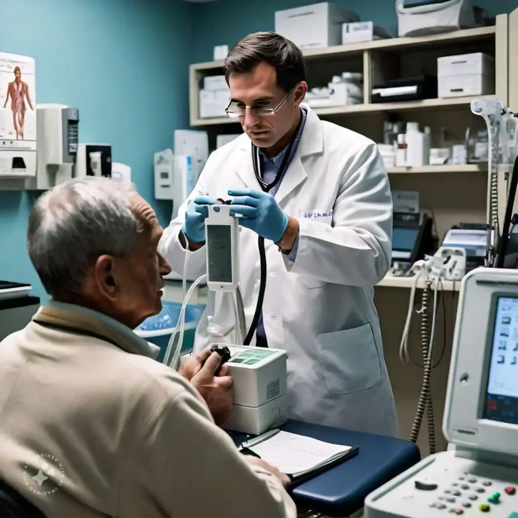 Doctor assisting patient with lung function test using a spirometer in a clinic.