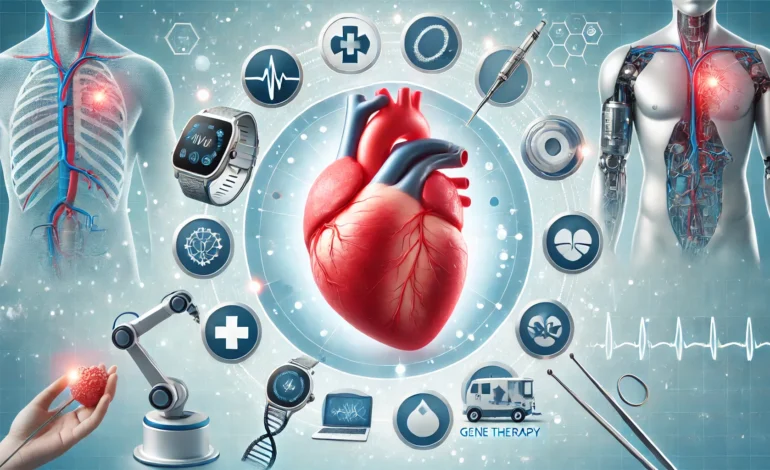 A digital illustration representing medical innovations in heart disease treatment, showing a healthy heart surrounded by advanced technologies like wearable smartwatches, robotic surgical tools, and symbols for gene therapy, set against a clinical blue-and-white background.