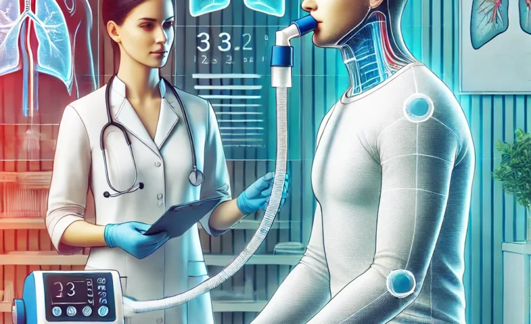 Patient undergoing a lung function test with a respiratory therapist in a modern medical setting, using a spirometry device for lung health assessment.