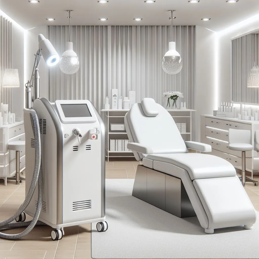 Modern skincare clinic with advanced laser equipment used for acne scars and pigmentation treatments.