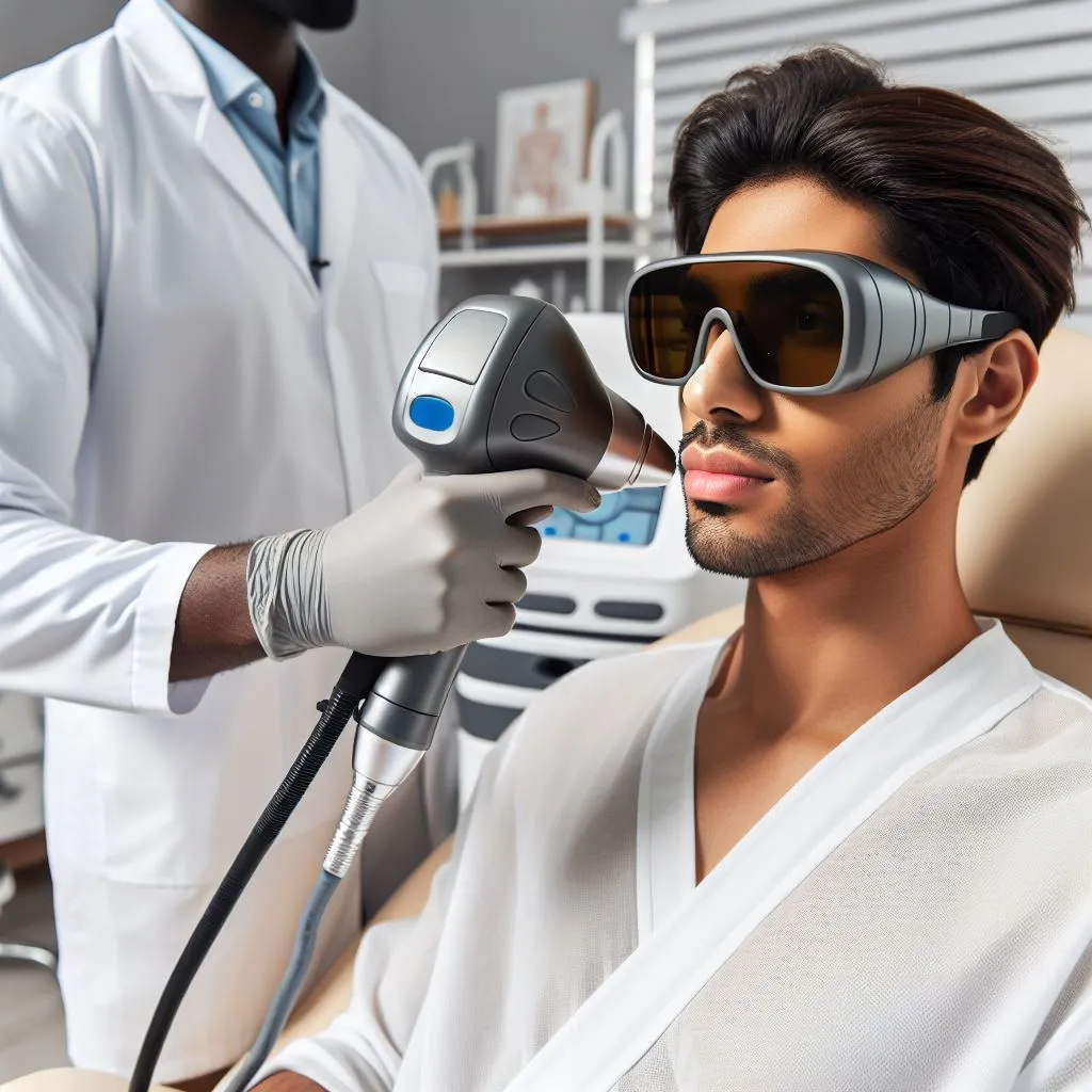 Patient undergoing fractional laser therapy for pigmentation in a clean and professional clinic setting.