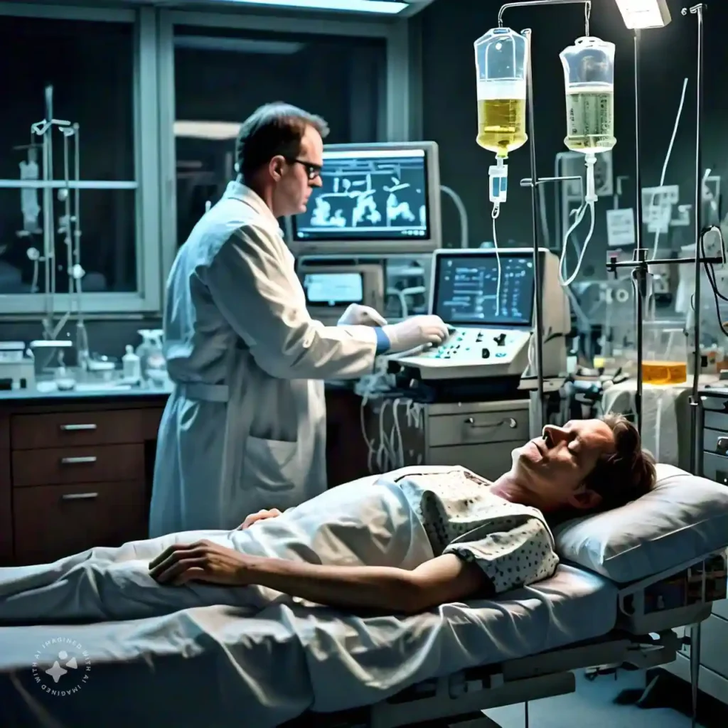 A patient undergoing gene therapy treatment in a lab, with a scientist working in the background, representing cutting-edge research in treatments for breathing problems.