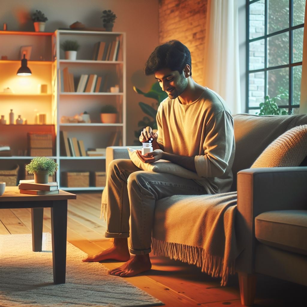 Person sitting on a couch, taking medication for mental health, illustrating the importance of managing mental health with medication