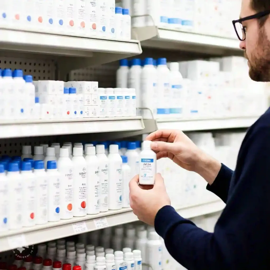 A person in a pharmacy aisle choosing the right eye drops from a well-organized shelf with bottles labeled for different eye conditions like dryness, allergies, and redness