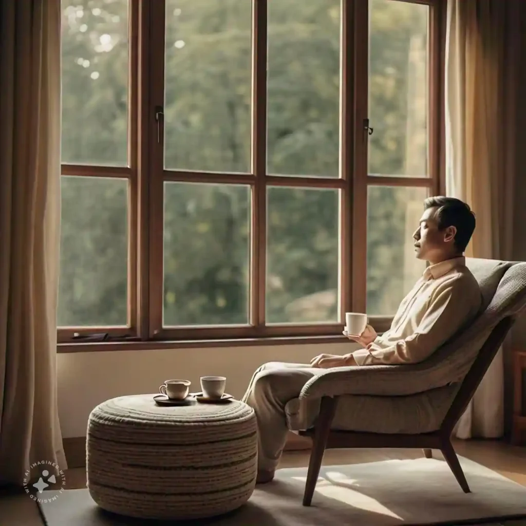 A person sitting by a window with tea, taking a break to relieve stress and build resilience