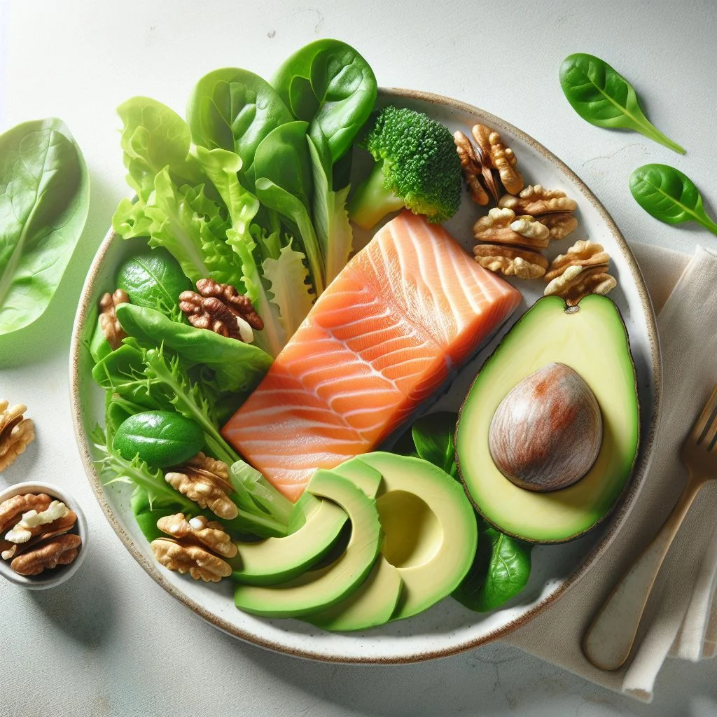 Plate with salmon, avocado, and leafy greens for a healthy diet for lung health.