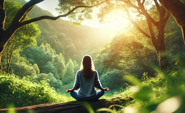 A serene scene of a person meditating outdoors, surrounded by lush green trees, symbolizing stress management and resilience. The individual sits cross-legged in a peaceful pose, evoking a sense of calm and mindfulness in nature.