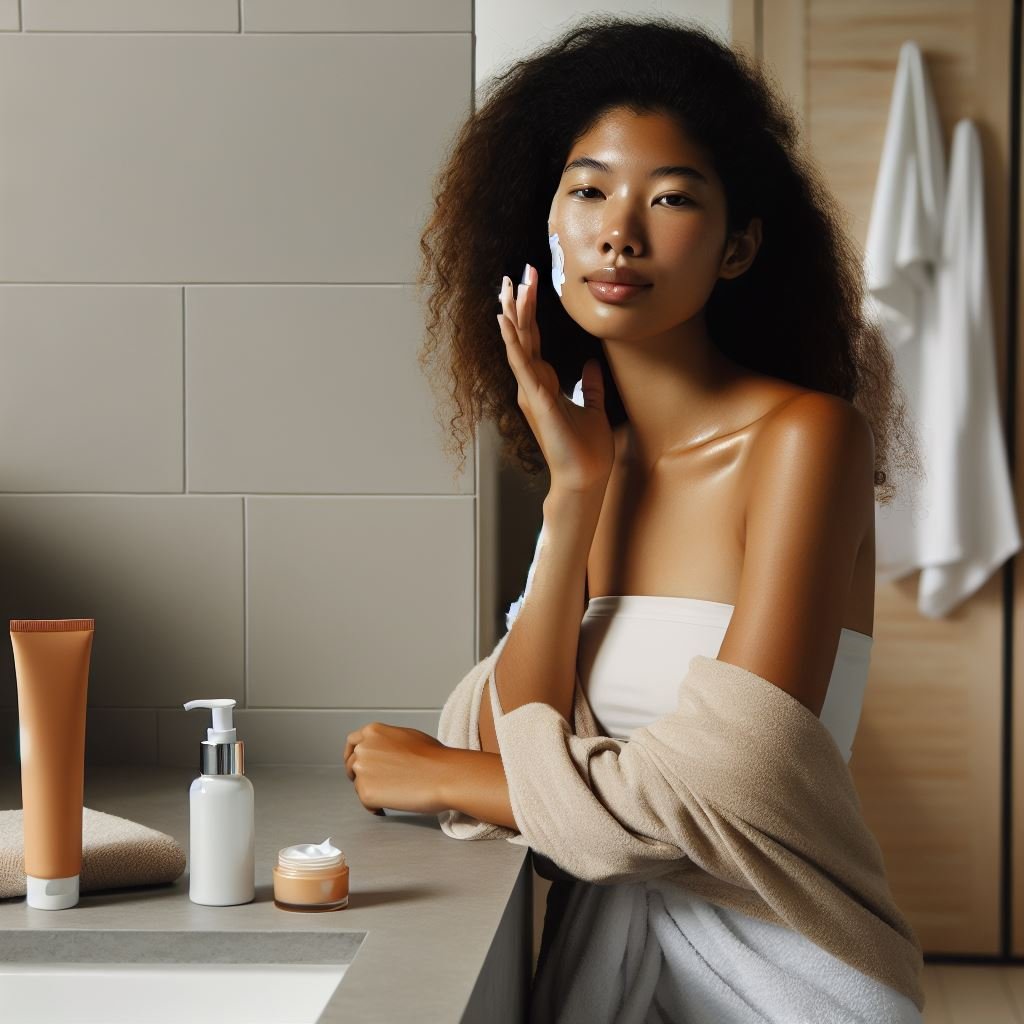 Woman applying sunscreen to her face in a clean, bright bathroom, highlighting the importance of daily sun protection for healthy skin and debunking Common Myths about Skincare.