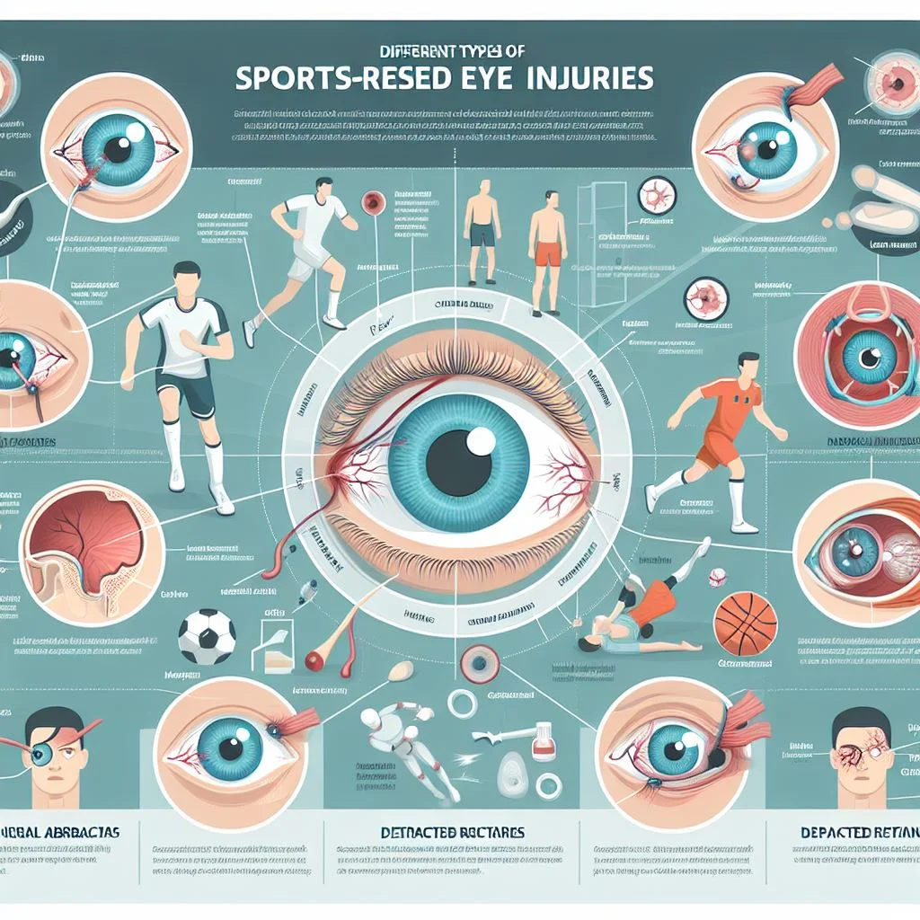 An infographic illustrating different types of sports-related eye injuries, including common injuries like corneal abrasions, fractures, and retinal detachments, highlighting the importance of eye safety in sports.