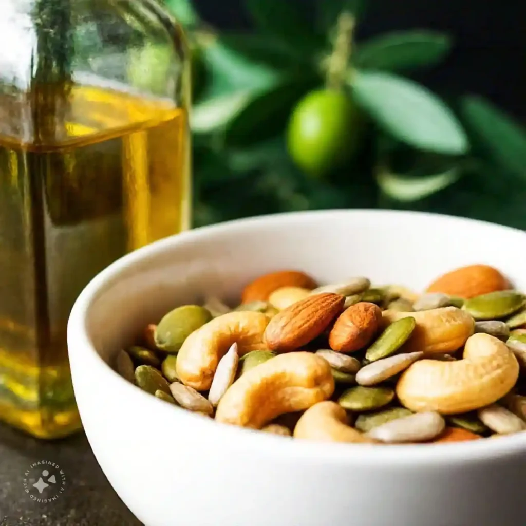 Bottle of olive oil and a bowl of mixed nuts and seeds, symbolizing healthy fats in the Mediterranean diet.