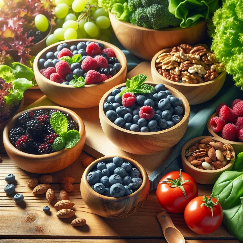 Bowls of berries, greens, nuts, and tomatoes for lung health.