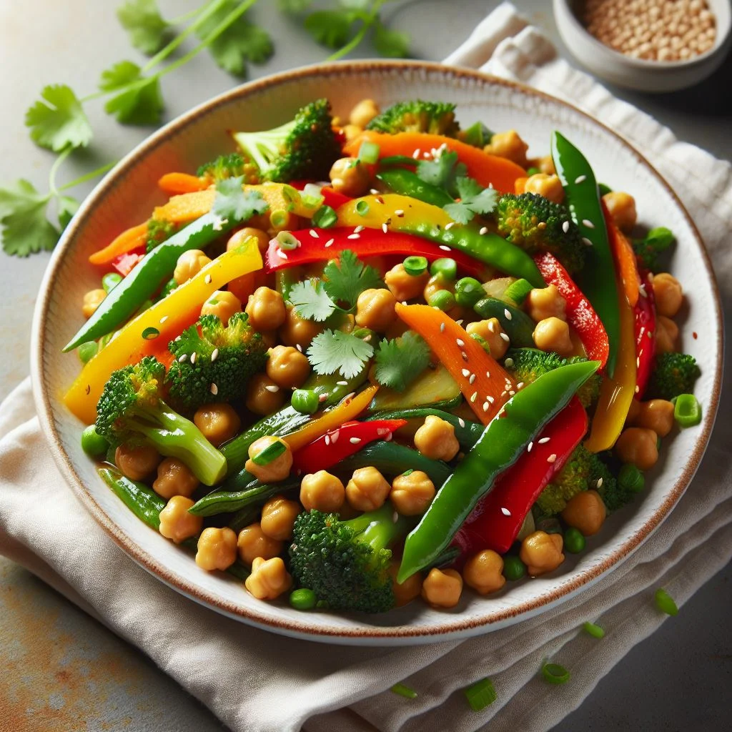 A colorful heart-healthy recipes chickpea stir-fry in a skillet
