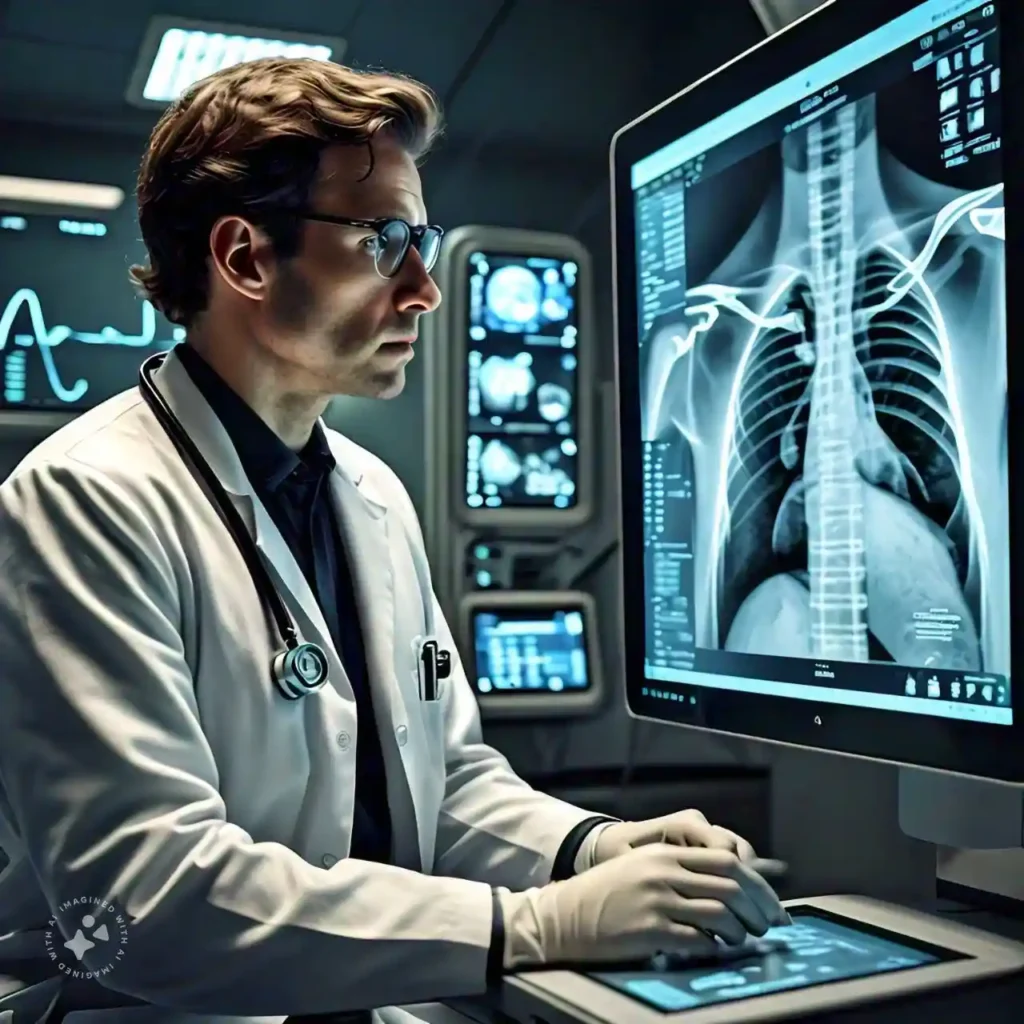A doctor using AI-powered diagnostic tools to analyze a patient's chest X-ray, showcasing the role of artificial intelligence in treatments for breathing problems.
